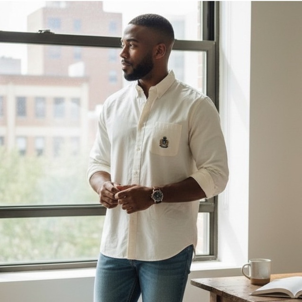 Hunting Horn Classics Mens Cream Embroidered Crest Button Down Shirt Size L